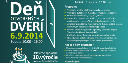Deň otvorených dverí sa uskutoční v sobotu 6. septembra 2014 v čase od 10. do 16. hodiny v areáli spoločnosti na Štúrovej 72 v Nitre