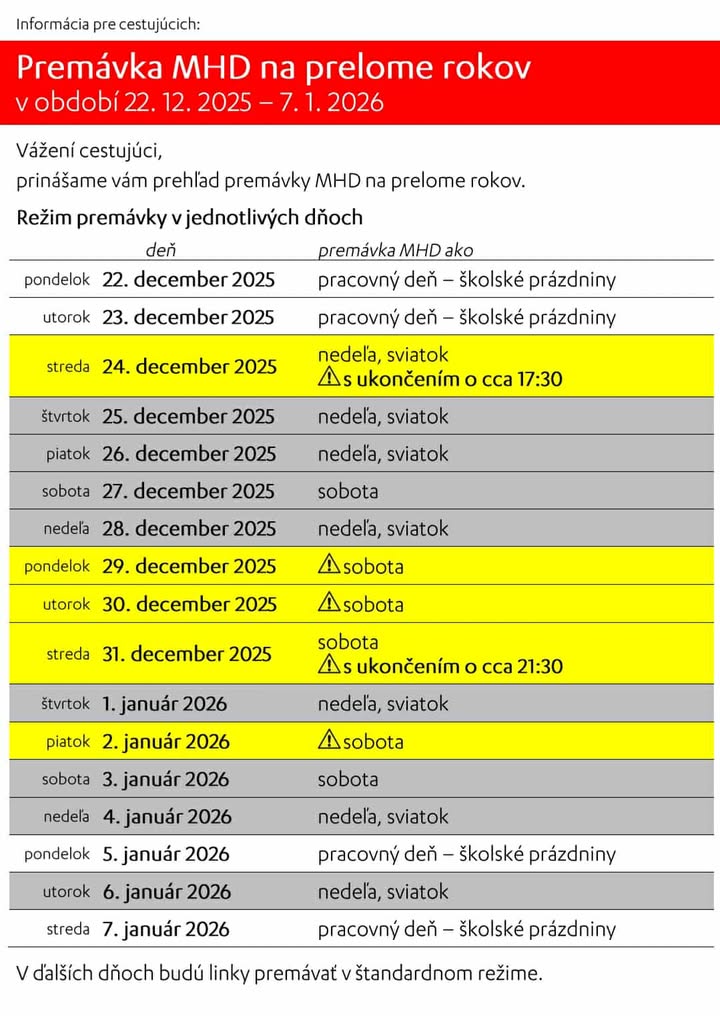 Premávka MHD v Nitre počas sviatkov - Vianoce, Nový rok