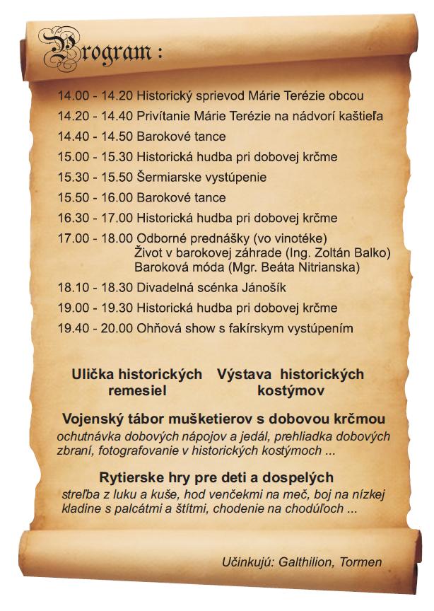 Mária Terézia v kaštieli v Mojmírovciach program