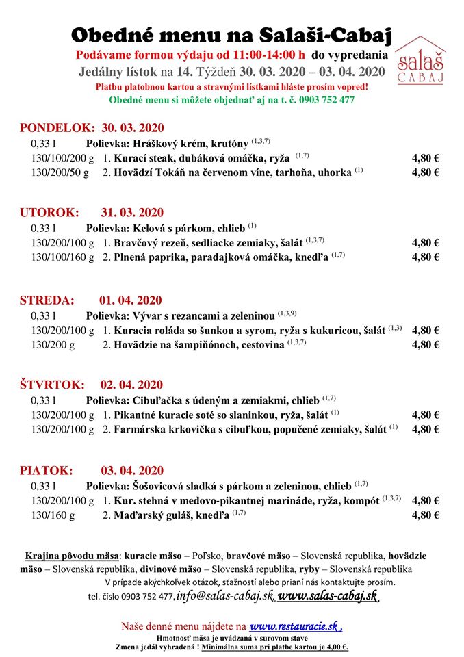 Salaš Cabaj - menu