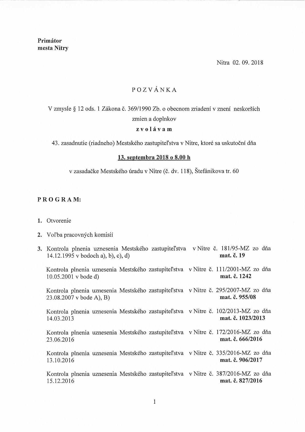 Program 43. zasadnutia Mestského zastupiteľstva v Nitre
