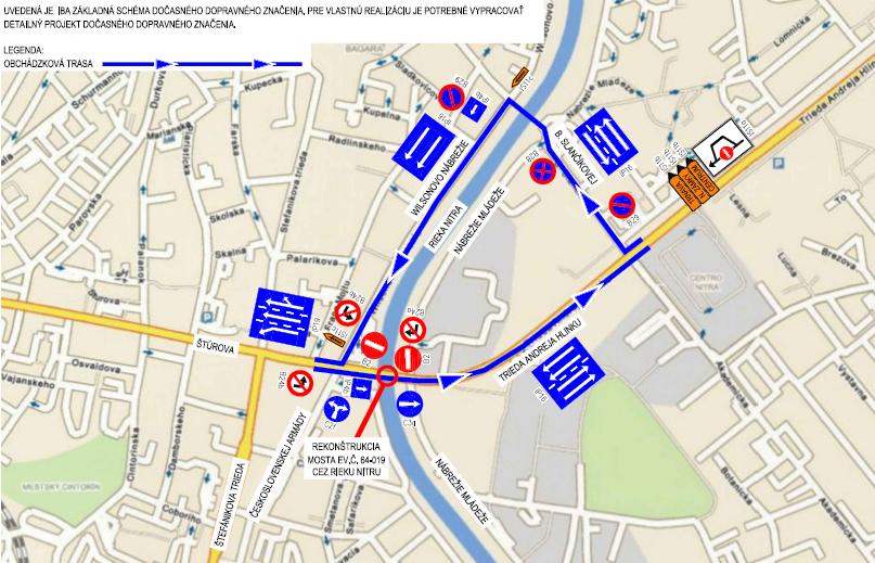 Most Trieda Andreja Hlinku v Nitre - schéma obchádzky pri uzatvorení